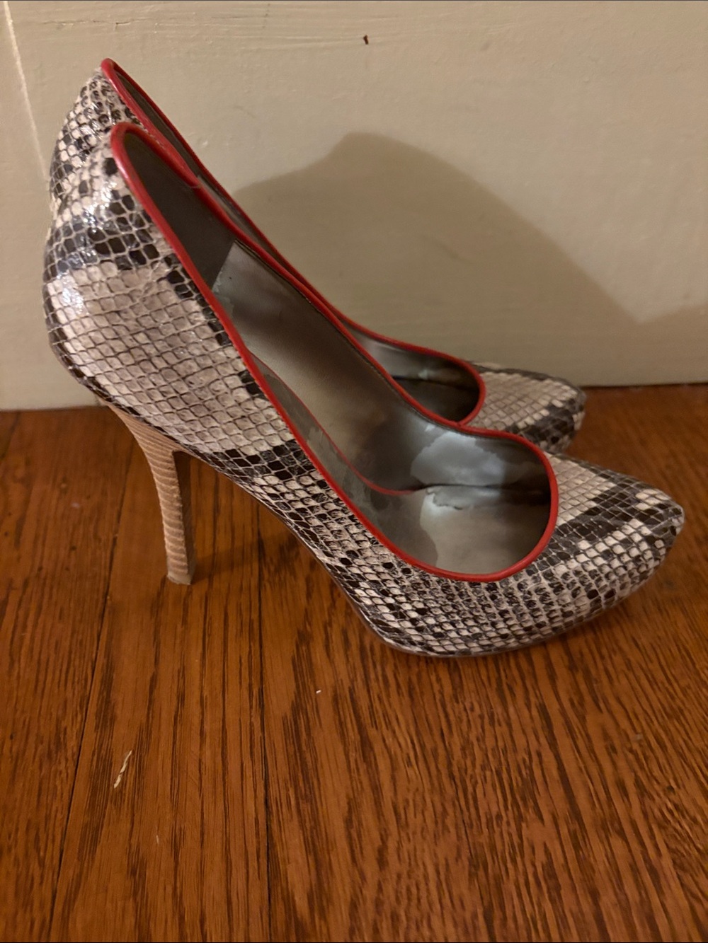 Guess Snakeskin Print High Heel Pumps with Red Trim